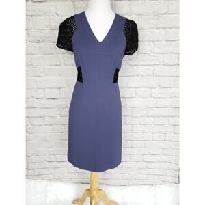 Rebecca Taylor Blue Harbour Ponte Knit Sheath Dress Black Lace Detail Sz 2
